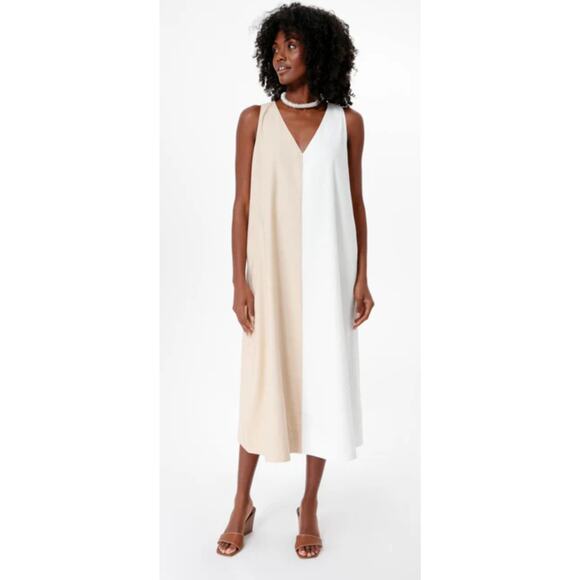 New Pomander Place white and tan Sallie midi dress Size medium Mod Colorblock - Picture 1 of 10